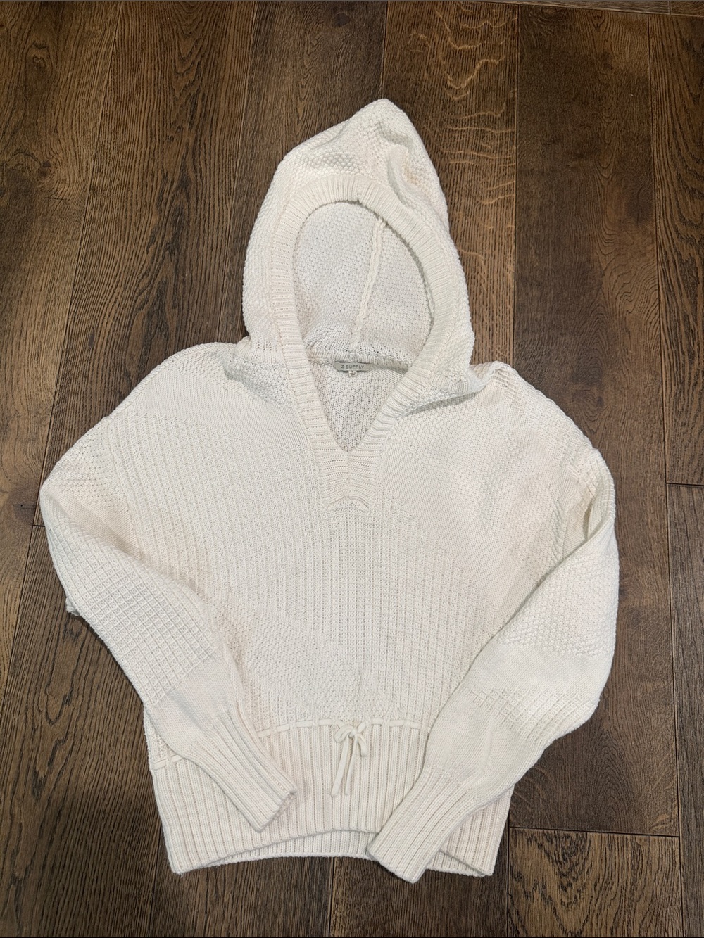 Z Supply Cream Hooded V-Neck Knit Sweater